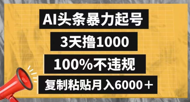 AI头条暴力起号，3天撸1000,100%不违规，复制粘贴月入6000＋【揭秘】-6688资源库