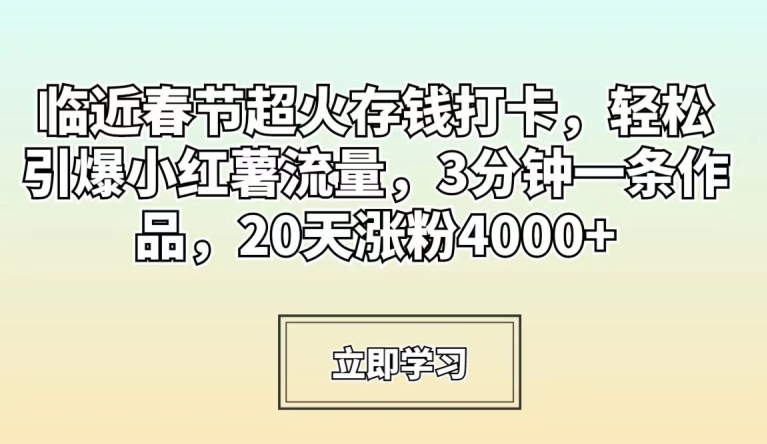 临近春节超火存钱打卡，轻松引爆小红薯流量，3分钟一条作品，20天涨粉4000+【揭秘】-6688资源库