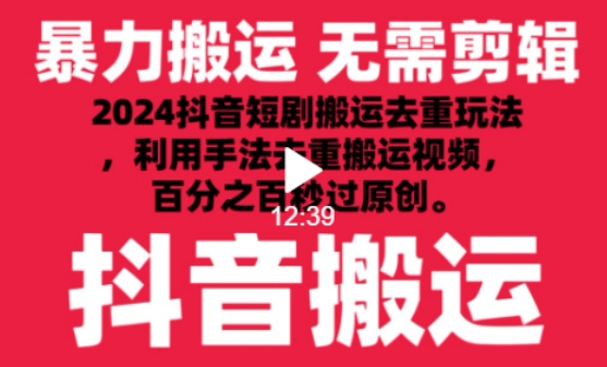 2024最新抖音搬运技术，抖音短剧视频去重，手法搬运，利用工具去重，达到秒过原创的效果【揭秘】-6688资源库