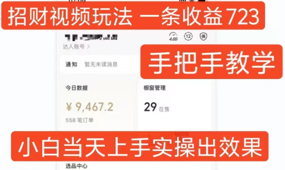 招财视频玩法，一条视频收益723，手把手教学，小白当天可上手-6688资源库