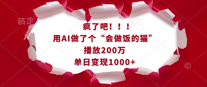 疯了吧！用AI做了个“会做饭的猫”，播放200万，单日变现1k-6688资源库
