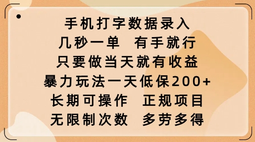 手机打字数据录入，几秒一单，有手就行，只要做当天就有收益，暴力玩法一天低保2张-6688资源库