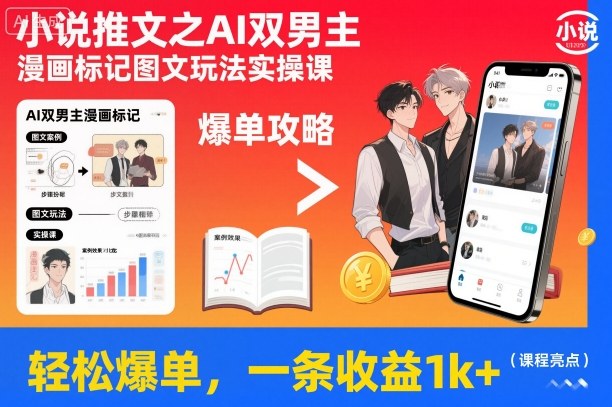 小说推文之AI双男主漫画标记图文玩法实操课，轻松爆单，一条收益1k+-6688资源库