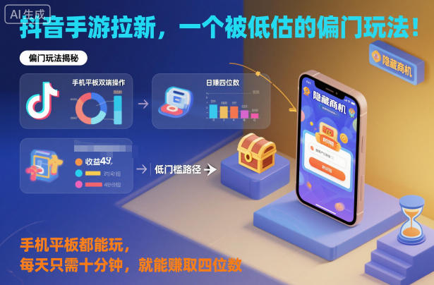 抖音手游拉新，一个被低估的偏门玩法！手机平板都能玩，每天只需十分钟，就能賺取四位数【揭秘】-6688资源库