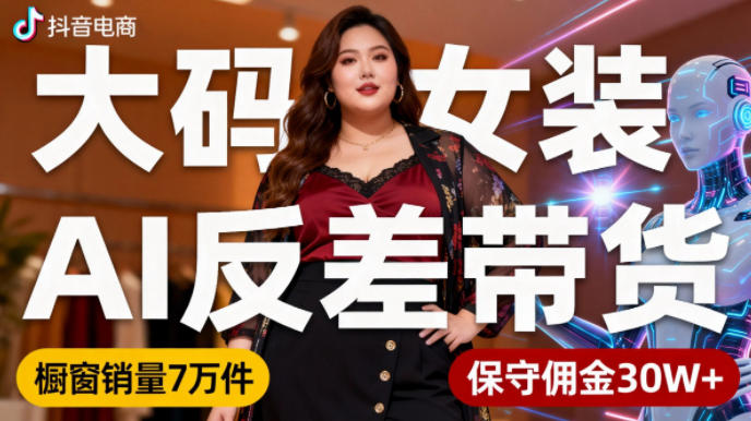 抖音小众赛道，大码女装AI反差带货，不用直播，每天6条作品，橱窗卖7万件，保守佣金30W+-6688资源库