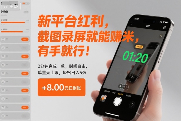 新平台红利，截图录屏就能賺米，有手就行！2分钟完成一单，时间自由，单量无上限，轻松日入5张【揭秘】-6688资源库
