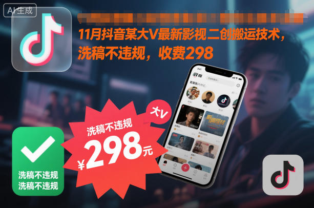11月抖音某大V最新影视二创搬运技术，洗稿不违规，收费298-6688资源库