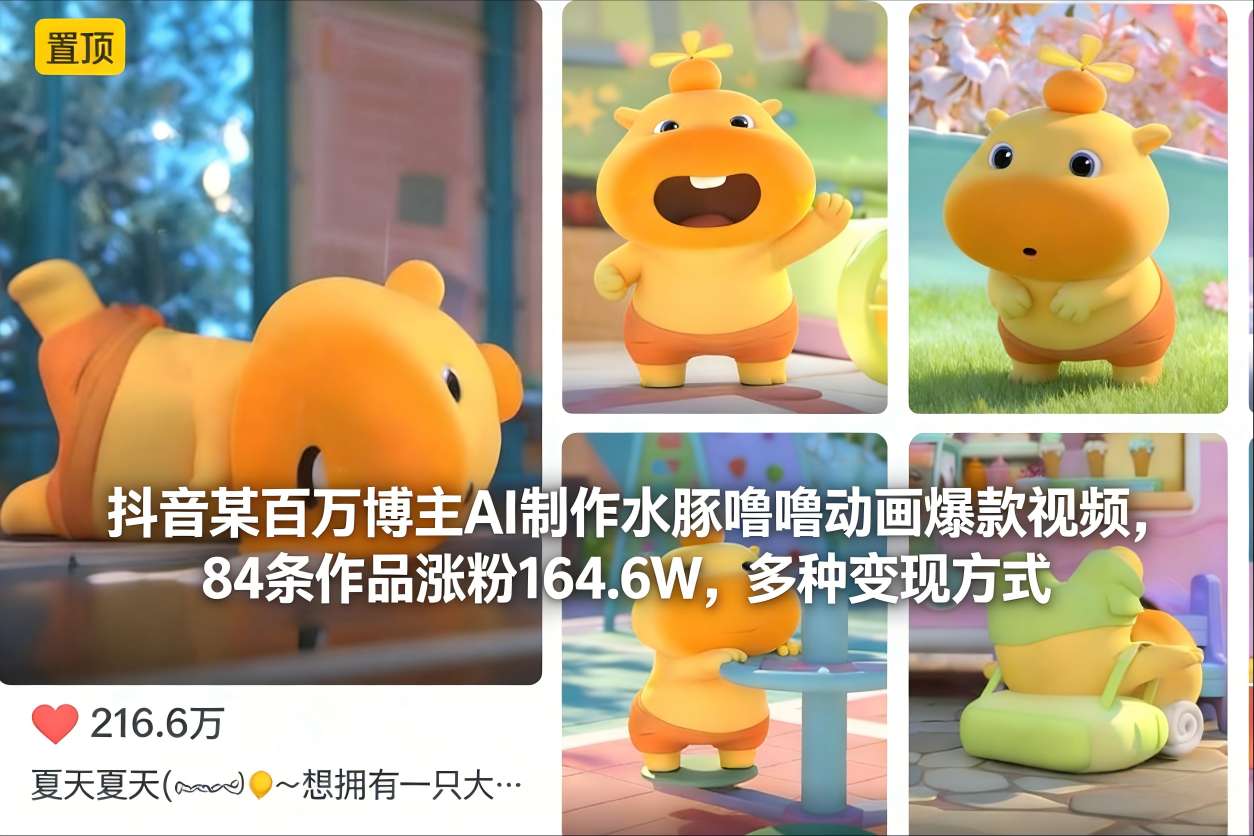 抖音某百万博主AI制作水豚噜噜动画爆款视频，84条作品涨粉164.6W，多种变现方式-6688资源库