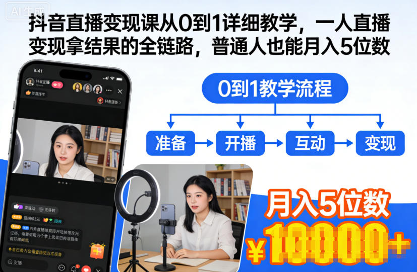 抖音直播变现课从0到1详细教学，一人直播变现拿结果的全链路，普通人也能月入5位数-6688资源库