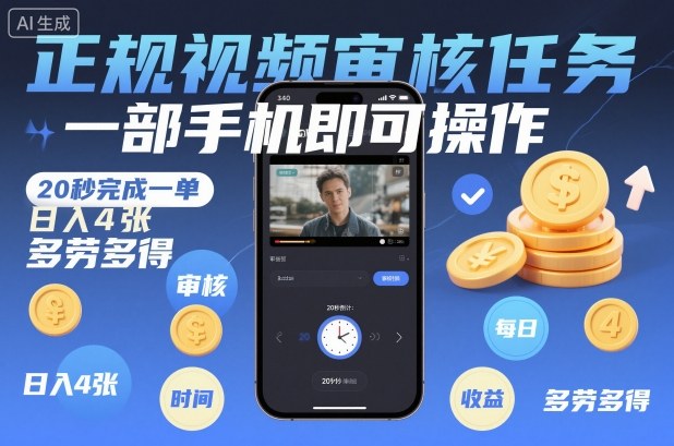 正规视频审核任务，一部手机即可操作，20秒完成一单，日入4张，多劳多得【揭秘】-6688资源库