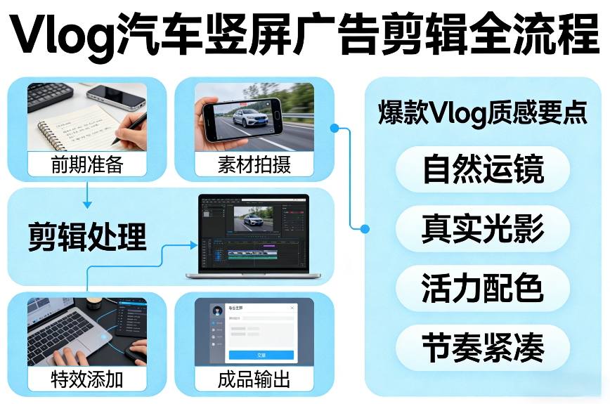 Vlog感觉汽车竖屏广告剪辑脚本全流程，拿捏爆款Vlog质感-6688资源库