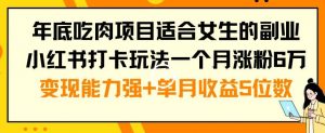 年底吃肉项目适合女生的副业小红书打卡玩法一个月涨粉6万+变现能力强+单月收益5位数【揭秘】-6688资源库