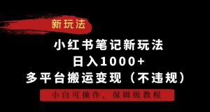 小红书笔记新玩法，日入1000+，多平台搬运变现（不违规），小白可操作，保姆级教程【揭秘】-6688资源库