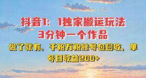 DY独家1：1搬运玩法，3分钟搞定一个作品，千粉万粉账号包回收，单号日收益2张【揭秘】-6688资源库